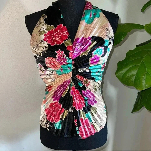 Joseph Ribkoff Trends Women’s Oriental Print Pleated Lined Halter V-Neck Top 8 - Picture 13 of 16